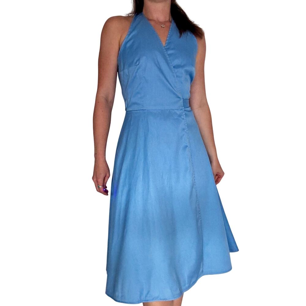 Vintage 1970s Wrap Dress Ellen Tracy Bonwit Teller Blue Cotton Fit & Flare - Picture 8 of 13